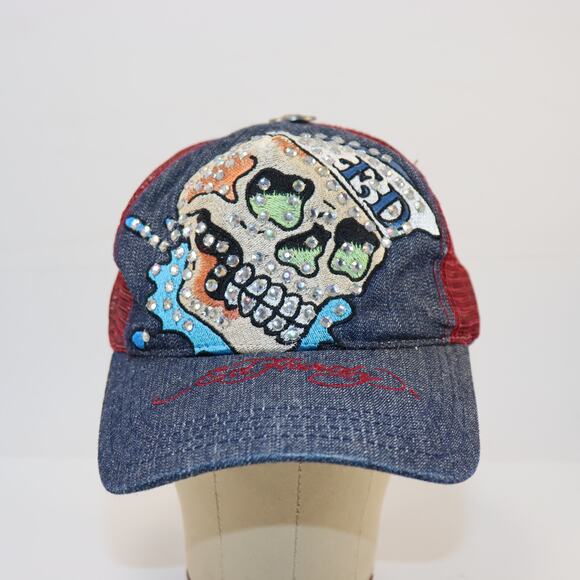 Ed Hardy Skull Rhinestone Trucker Hat Denim Red Mesh Adjustable Cap - Picture 1 of 5